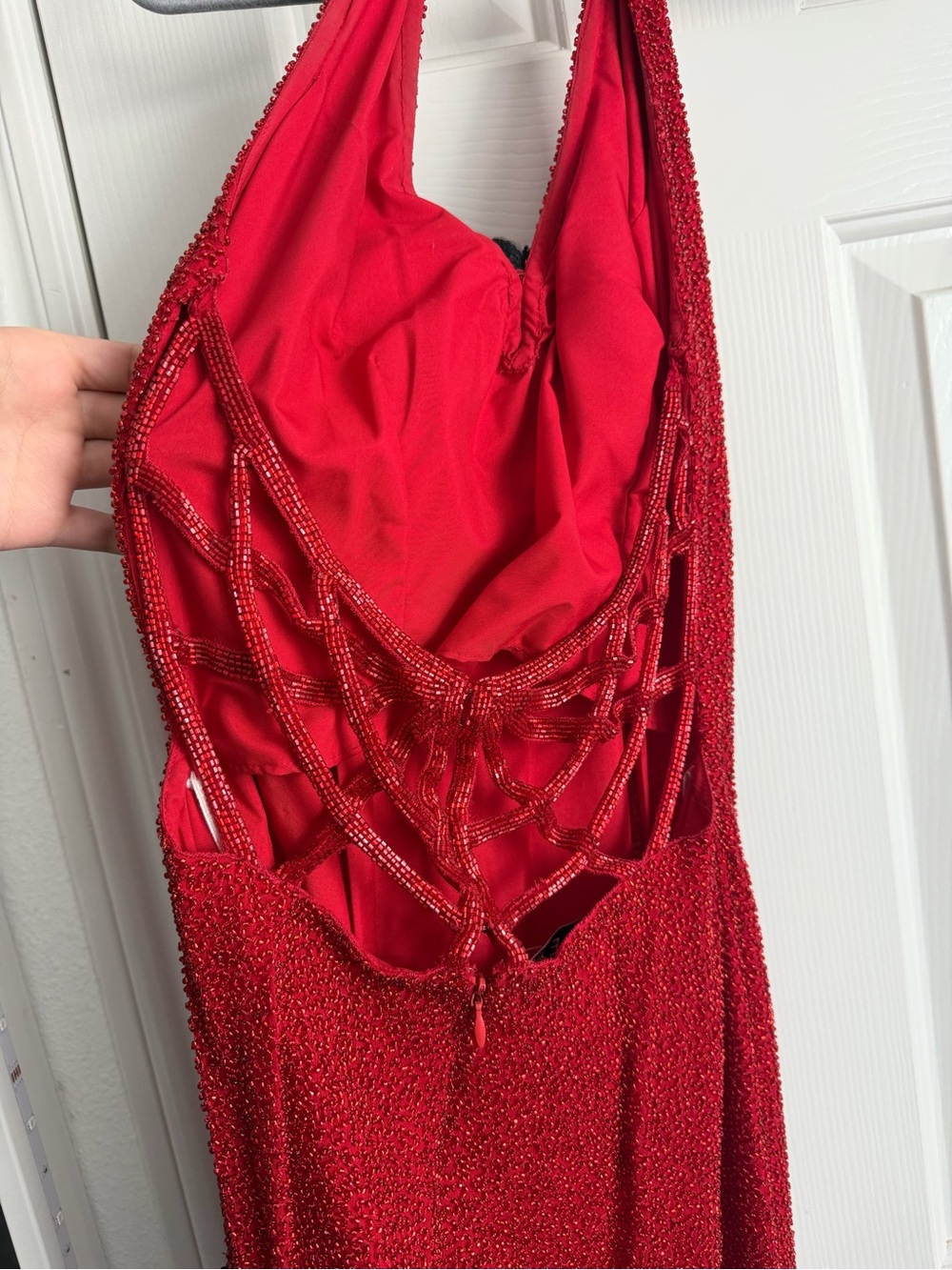 Sean Collection Red Beaded Halter Chemise with Lattice Back